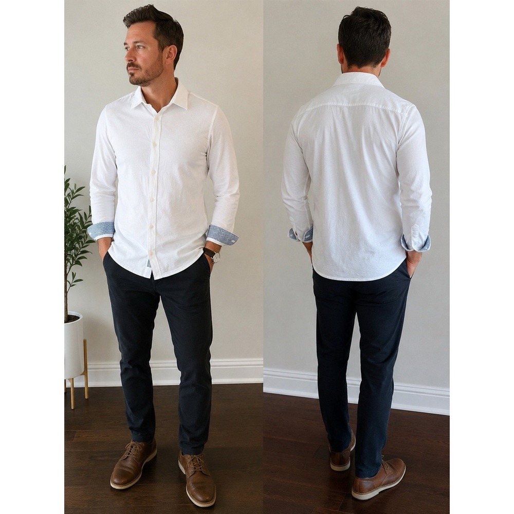 Stone Rose White Knit Button Front Dress Shirt Men's Size S 100% Cotton Slim Fit